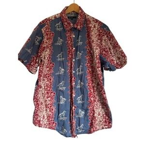 Tin‎ Haul Mens Blue Red Horse Aloha Hawaiian Short Sleeve Button Up Shirt - XL